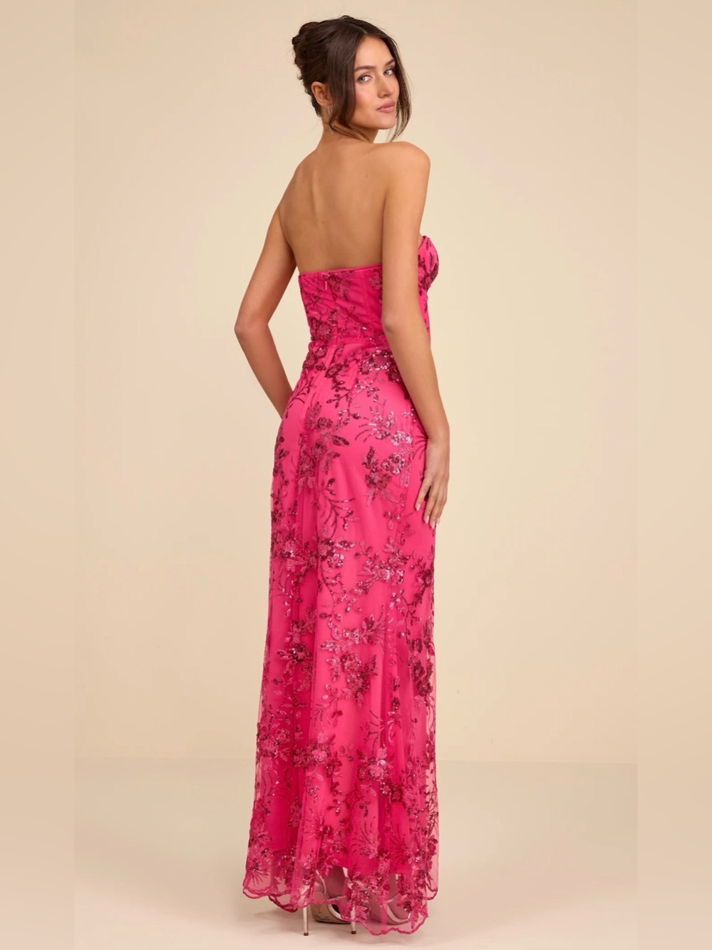 Lulu's Hot Pink Strapless Floral Sequin Prom Gown - Picture 2 of 5